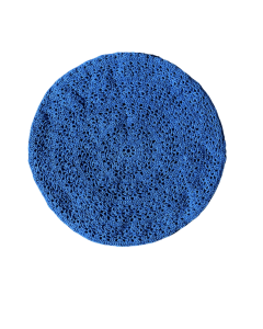 The image shows a hand-crocheted round blue beret. The hat features an openwork, lacy pattern that gives it a delicate texture. The item is laid flat.