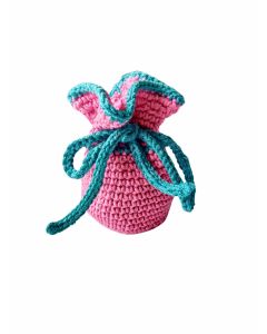 Crocheted gift bag with a pink body and turquoise edging and drawstring. It has a wavy top edge and closes with a cord. Suitable for small gifts or item storage.