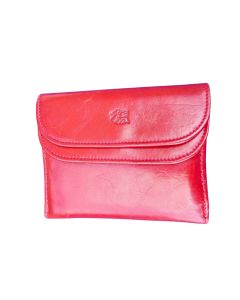 Closed red wallet with curved flap, embossed logo, and smooth surface finish, front view.